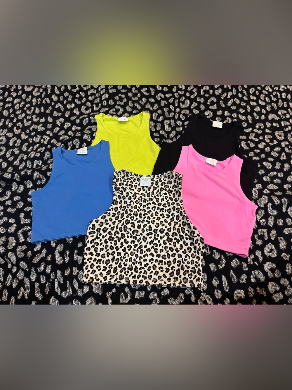 Zara Girls Cropped Tank Top Bundle (9/10) Pink, Blue, Yellow, Black, Leopard